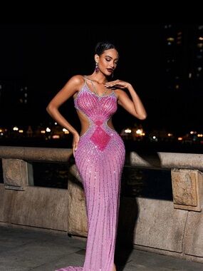 Pink Crystal Cutout Embellished Maxi Gown